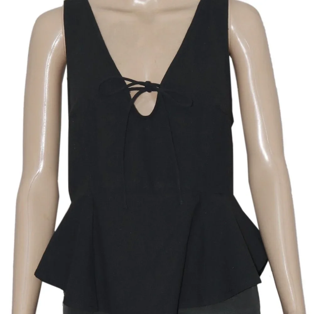 Free People Mika Solid Tank Ruffle Black Top New